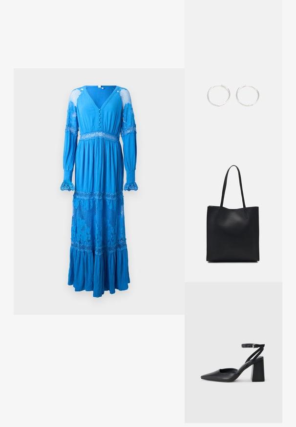 Duga plava haljina s dubokim V-izrezom, detaljima od dugmadi, čipkastim naglaskom na rukavima i slojevitim volanima na rubu. Napravljena od lagane, teksturirane tkanine.; Crne kožne cipele s špicastim vrhom, remenom oko gležnja i debelim potplatom. Ravna tekstura, elegantan dizajn i minimalistička estetika.; Crna kožna torba za nošenje s glatkom teksturom, pravokutnim oblikom i dvije duge ručke. Nema vidljivih metalnih dijelova ili ukrasa.; Srebrne okrugle naušnice jednostavnog dizajna, s glatkom površinom i bez vidljivih ukrasa. Promjer nije specificiran.