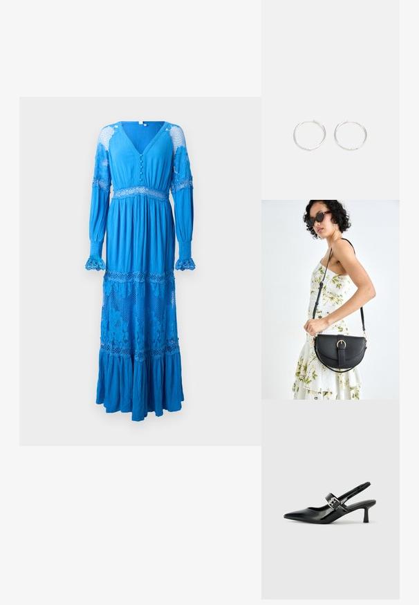 Duga plava haljina s dubokim V-izrezom, detaljima od dugmadi, čipkastim naglaskom na rukavima i slojevitim volanima na rubu. Napravljena od lagane, teksturirane tkanine.; Crne lakirane slingback potpetice s oštrim prstom i malom blok petom, s naglaskom na srebrnoj kopči na remenu.; Crna kožna torba s lukovitim oblikom, odvojivim remenom i zlatnim detaljima. Torba ima preklop s kopčom.; Srebrne okrugle naušnice jednostavnog dizajna, s glatkom površinom i bez vidljivih ukrasa. Promjer nije specificiran.