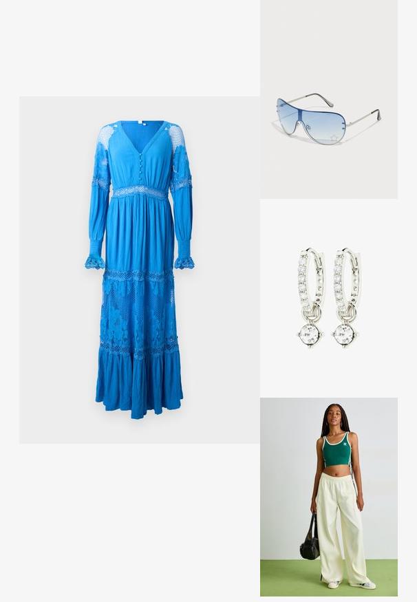 Lang blå kjole med dyb V-hals, knapdetaljer, blondeudsmykning ved ærmerne og lagdelt flæsekant. Lavet af letvægts, tekstureret stof.; Grøn cropped tank top med hvid kant, parret med brede cremebukser. Modellen holder en lille sort taske. Simple sneakers.; Aviator-solbriller med gradient blå linser, sølvmetalramme og dekorative stjerneakcenter på linserne. Glat og strømlinet design.; Sølvfarvede hoops ørestikker med en række klare sten og en rund krystalvedhæng hængende fra hver. Poleret metal, slankt design.