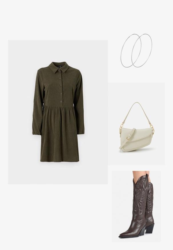 Alyvuogių spalvos kordūro diapazonas su ilgomis rankovėmis, mygtukų užsegimu priekyje, taško apykakle ir platėjančiu sijonu. Yra subtili vertikali reljefinė tekstūra.; Rudos odinės kaubojaus batai su smailiu priekiu ir blokuotu kulnu, pasižymintys detaliu siuvinėjimu ir iškiliais akcentais ant ašies.; Mažas kreminis rankinukas su tekstūruotu paviršiumi, ilga reguliuojama juostele, grandinėle ir užsegimu su atvartu. Aukso detalės.; Sidabrinės pusmėnulio auskarai minimalistiniu dizainu. Apskritimo forma, lygus paviršius ir plonas profilis. Lengvi su poliruotu apdailu.