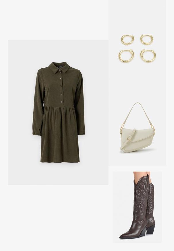 Alyvuogių spalvos kordūro diapazonas su ilgomis rankovėmis, mygtukų užsegimu priekyje, taško apykakle ir platėjančiu sijonu. Yra subtili vertikali reljefinė tekstūra.; Rudos odinės kaubojaus batai su smailiu priekiu ir blokuotu kulnu, pasižymintys detaliu siuvinėjimu ir iškiliais akcentais ant ašies.; Mažas kreminis rankinukas su tekstūruotu paviršiumi, ilga reguliuojama juostele, grandinėle ir užsegimu su atvartu. Aukso detalės.; Auksiniai kabančių auskarai, keturios dalys, lygi apdaila, suapvalinta forma, įvairių dydžių, su pasukamu užsegimu, kad būtų lengva dėvėti.