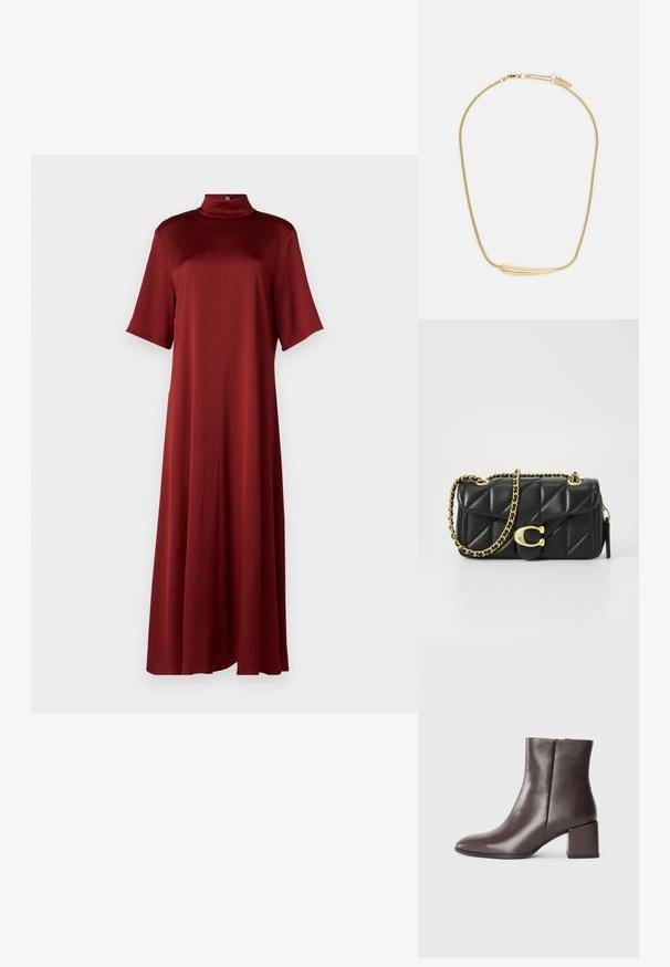 DRYKORN SEIRAH - Rochie de zi - red; Botină din piele maro, cu un design elegant, vârf ascuțit și toc pătrat. Textură netedă și siluetă minimală.; Poșeta neagră din piele matlasată cu o curea din lanț auriu și un închizător cu toggle care are un accent circular. Formă compactă și rectangulară.; Colier placat cu aur, cu un accent central neted și curbat. Dispune de o chaină flexibilă cu un închizător tip homar și link-uri suplimentare ajustabile.