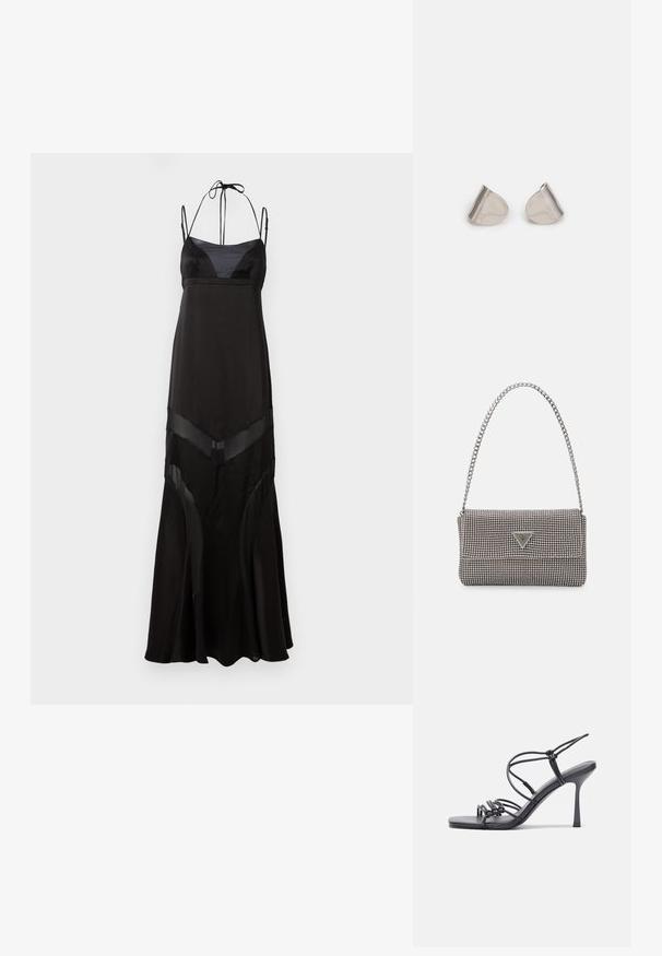 Juodas maksi suknelė su prigludusia liemine ir reguliuojamomis plonomis petnešėlėmis. Yra permatomų intarpų ir išskirtiniu hemu, pagaminta iš lengvos medžiagos.; Juodos aukštakulnės sandalai pasižymi plonyčiais dirželiais su mazgo dizainu, lygiu kvadratiniu pirštu ir elegantišku stiletto kulnu.; Šviesiai pilka metalinė rankinė su grandinėlės dirželiu, papuošta mažais apvaliais metaliniais smeigėmis ir trikampiu prekės ženklu.; Sidabriniai metaliniai auskarai su lygiu, ašaros formos dizainu ir blizgiu paviršiumi. Subtilūs raižiniai prideda detalumo. Minimalistinis dizainas.