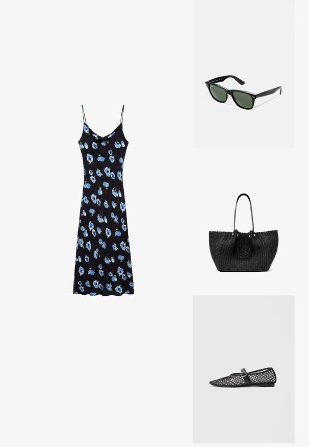 Mustapukuinen liukka, jossa on sinisiä kukkakuoseja, ohuet spagettiolkaimet, kellahtava päänaukko ja rento malli, joka ulottuu polvien ylle.; Call it Spring ELYIAA - Ballerinat - black; Mustat muoviset aurinkolasit, joissa on vihreät linssit, neliönmuotoiset kehykset, hopeinen yksityiskohta kulmakarvojen kohdalla sekä tekstuuriset temppeleiden varret. Brändi ilmoitettu sisävarsissa.; Mustakudottu kassi, jossa on teksturoitu pinta, kaksi pitkää mustaa kahvaa ja hopeiset yksityiskohdat. Tilava ja muotoiltu design.