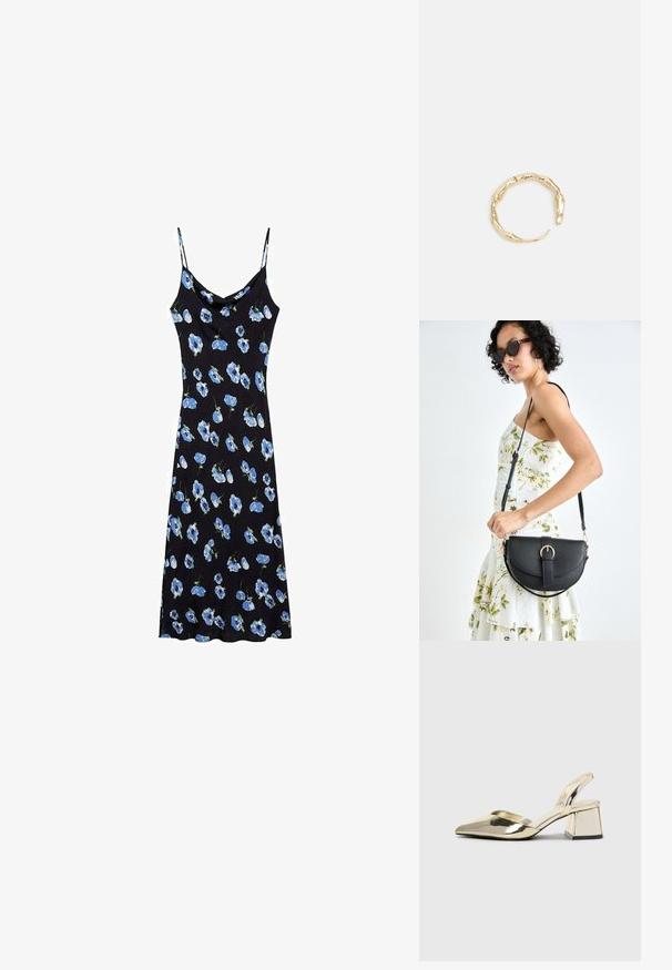 Schwarzes Slipkleid mit blauen Blumenmustern, dünnen Spaghettiträgern, einem Cowl-Ausschnitt und einer lockeren Passform, die über die Knie fällt.; Goldene, metallische Slingback-Absätze mit spitzem Zeh und dicker Ferse. Glatte Textur, minimalistisches Design und ein schmaler Riemen.; Schwarze Lederhandtasche mit geschwungener Form, abnehmbarem Tragegurt und goldenen Beschlägen. Die Tasche verfügt über einen Deckel mit einer Schnallen-Details.; Goldfarbener Ring mit einem organischen, gedrehten Design, glatter Oberfläche und sich verjüngenden Enden, was ein modernes, skulpturales Erscheinungsbild erzeugt.