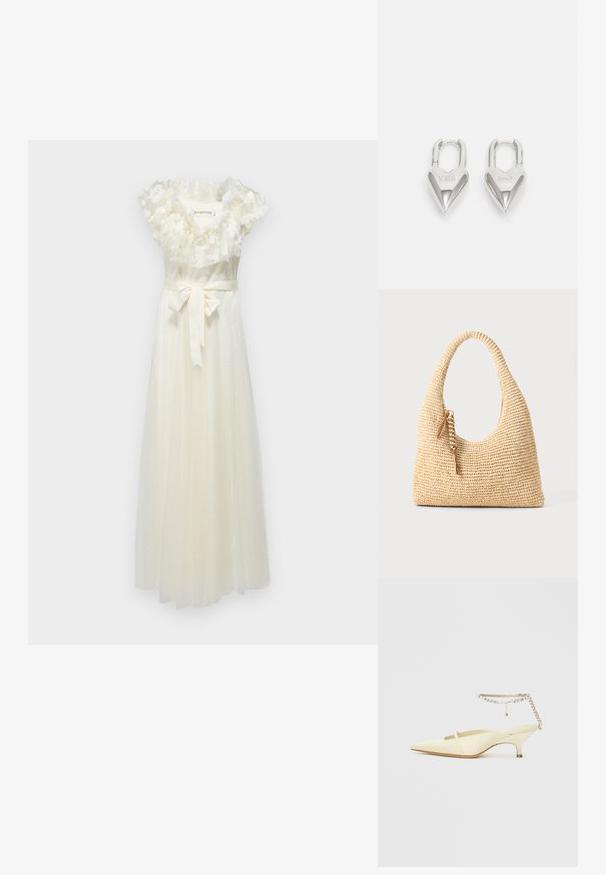 Rochie albă fără mâneci, cu guler floral cu volane, model cu buline și cordon din satin la talie. Lungime până la podea, dintr-un material moale, cu o suprapunere transparentă.; Pantof cu vârf ascuțit din satin galben, cu toc jos și o curea degleznă decorativă cu lanț și strasuri. Textură netedă, design minim.; Geantă țesută bej cu un mâner curbat, suprafață texturată și un detaliu de franjuri maroniu. Prezintă o formă moale, de tip hobo.; Lacate în formă de inimă, argintii, cu inscripții gravate "DA" și "NU", finisaj lustruit, design simetric și un închizător robust din metal.