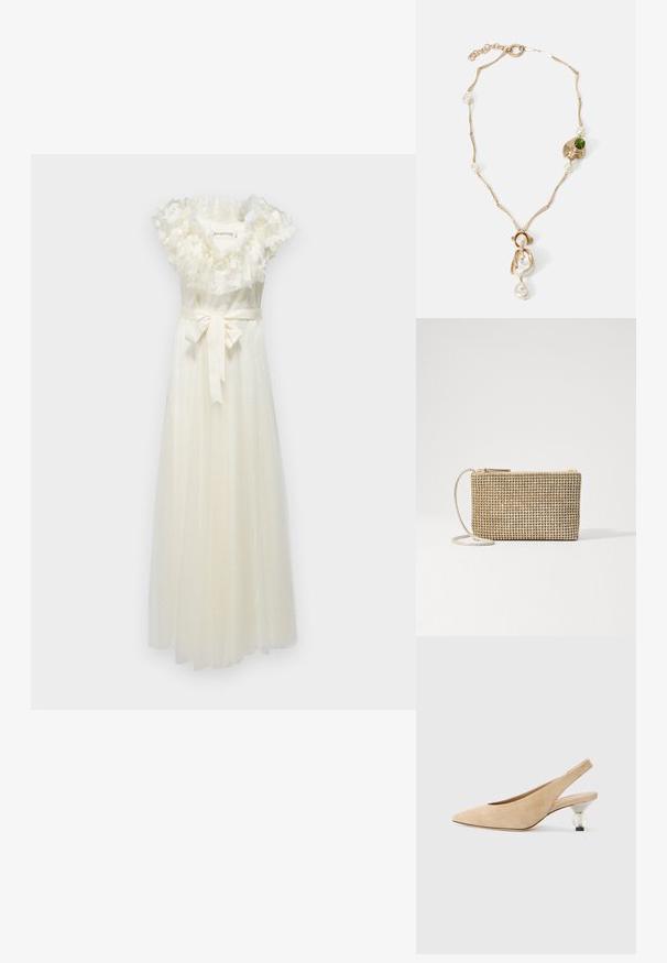 Biała sukienka bez ramiączek z falbaniastym, kwiecistym dekoltem, w wzór w kropki oraz satynowym paskiem w talii. Długość do ziemi, wykonana z miękkiego materiału z przezroczystą warstwą.; Beżowe zamszowe buty typu slingback z ostrym noskiem i przezroczystą, okrągłą obcasem. Gładka faktura i minimalistyczny design.; Loeffler Randall YASMINE złoty; Złota naszyjnik z splotami, białymi perłami i akcentem zielonego kamienia. Posiada skomplikowane detale oraz zapięcie do zamykania.