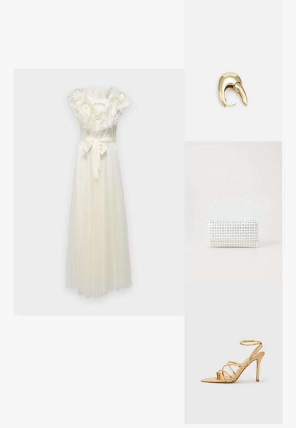 Rochie albă fără mâneci, cu guler floral cu volane, model cu buline și cordon din satin la talie. Lungime până la podea, dintr-un material moale, cu o suprapunere transparentă.; Sandalie cu toc înalt, auriu, cu bretele subțiri, vârf ascuțit, finisaj metalizat, curea subțire pentru gleznă și toc texturat. Design elegant cu accente minime.; Geantă albă cu o formă rotundă, având o suprafață texturată cu studs argintii. Dispune de o curea subțire pentru umăr și un închizător elegant.; Cercei din metal de culoare aurie cu un design elegant și curbat. Prezintă o formă distinctivă, ascuțită, o suprafață lustruită și un sistem de închidere cu balama.