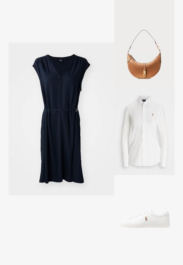 Vestido azul-marinho com decote em V, mangas curtas e uma cintura cingida com detalhes em metal prateado. Confeccionado em tecido suave com uma textura lisa.; Camisa branca de manga longa com colarinho pontudo, feita de algodão. Apresenta um pequeno logotipo bordado no lado esquerdo do peito.; Sapatilhas de couro brancas, design de cano baixo, com textura suave, biqueira redonda, atacadores à frente e um pequeno logótipo bordado na lateral.; Bolsa de couro castanho-claro com um formato curvado, detalhes em ouro e uma alça de ombro fina. Apresenta um fecho de zipper e um detalhe de logótipo na parte frontal.