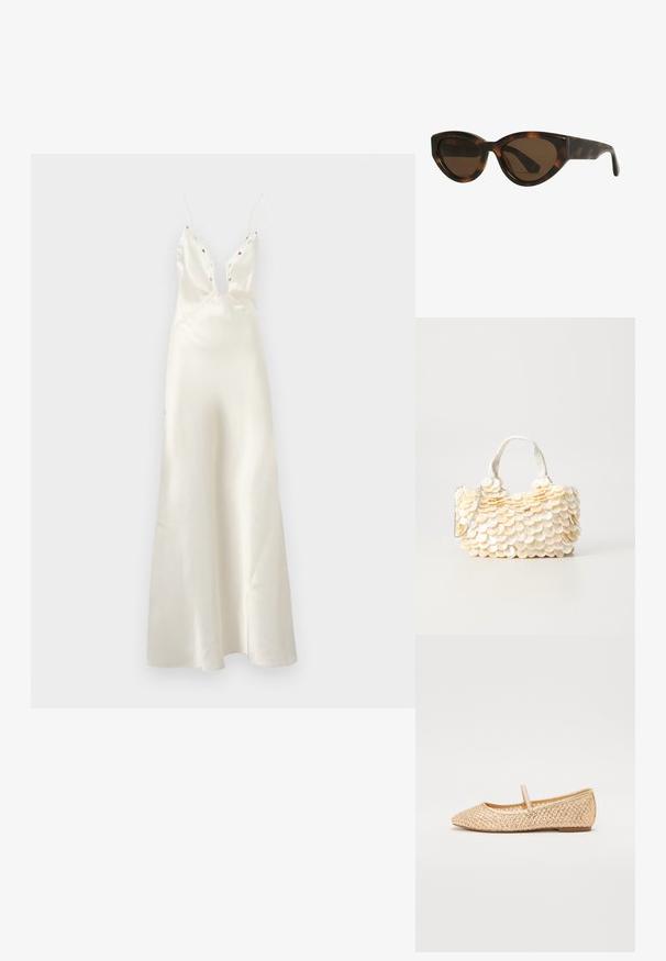 Satin ivory dress with a deep V-neck, thin straps, and floral embroidery accents. Features a fitted bodice and flowing skirt.; Gold woven ballet flats with a pointed toe, flat sole, and a strap across the instep. Features textured patterns on the upper material.; Tortoiseshell cat-eye sunglasses with brown lenses, featuring smooth, glossy plastic frames and a sleek design. No visible logos or accents.; White handbag with textured, scalloped shell-like embellishments. Features a woven handle and a silver chain strap for versatility.