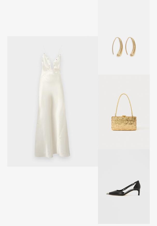 Satinasti ivory haljina s dubokim V-izrezom, tankim naramenicama i cvjetnim izvezenim detaljima. Ima prikladno tijelo i lepršavu suknju.; Crni kožni kitten heel s nazubljenim srebrnim vrhom i dvostrukim remenčićima na bijeloj pozadini.; Zlatna šljokasta torbica u pravokutnom obliku, s uvrnutom lancem kao drškom i metalnim kopčanjem, koja odražava svjetlost s teksturiranim završetkom.; Zlatne metalne naušnice u obliku obruča s zakrivljenim, izduženim oblikom. Imaju glatku, sjajnu površinu i zaobljeni vrh za dodatni detalj.