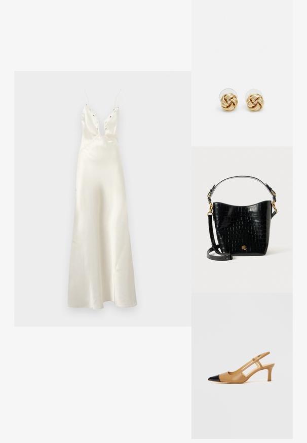 Saténové slonovinové šaty s hlbokým výstrihom do V, tenkými ramienkami a kvetinovou výšivkou. Majú priliehavý vršok a splývavú sukňu.; Béžové lodičky so slingback remienkom, špičkou v čiernej farbe s výrezmi na bokoch a stredne vysokým robustným podpätkom. Vyrobené z hladkej kože.; Čierna kabelka z kože s embosovaným hadím vzorom, zakriveného tvaru, so zlatými kovovými doplnkami, nastaviteľným popruhom a detailom loga na prednej strane.; Náušnice s uzlom v zlatej farbe s prekrúteným dizajnom. Každá náušnica má kruhové priehľadné pozadie pre bezpečné nosenie.