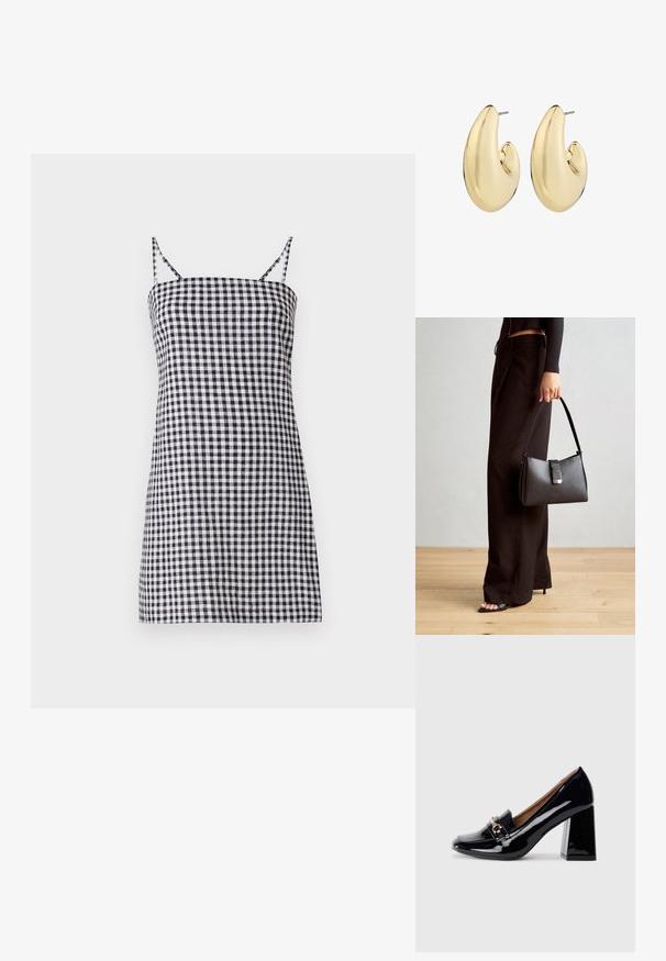 Vestito a quadri bianco e nero con sottili spalline a spaghetti, silhouette dritta e busto aderente. Materiale di cotone con una superficie liscia.; Scarpa con tacco alto in pelle verniciata nera con punta affusolata e tacco quadrato. Presenta un cinturino decorativo con dettaglio di fibbia sul collo del piede.; Borsa nera con forma strutturata, texture liscia e una chiusura metallica. Abbinata a pantaloni neri larghi e sandali open-toe su un pavimento in legno.; Orecchini tono oro con forma liscia e arrotondata, finitura lucida e chiusura a perno per un indossamento sicuro.