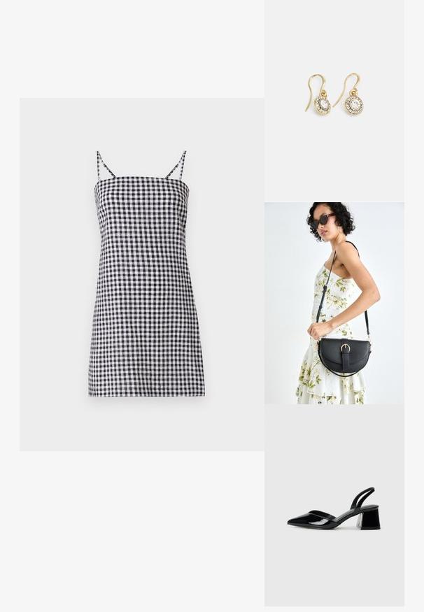 Sort og hvidternet kjole med tynde spaghetti-stropper, lige silhuet og en tætsiddende bodice. 100% bomuldsmateriale med en glat overflade.; Sorte patentlæder slingback hæle med spids tå og en geometrisk blok hæl. Har et elegant, minimalistisk design og en glat tekstur.; Sort læderhåndtaske med en buet form, aftagelig rem og guldfinish. Tasken har en klap med en spænde detalje.; Guldtonede øreringe med ovalformede klare krystaller omgivet af mindre klare sten, med et krogdesign for sikker bæring.