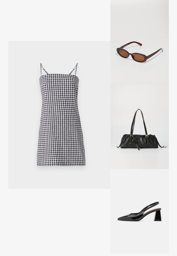 Svart-hvitt rutet kjole med tynne spaghettifester, rett silhuett og tettsittende bodice. Bomullsmateriale med en glatt tekstur.; Sorte patentledd slingback hæler med spiss tå, med en unik geometrisk blokkehl og en glatt tekstur. Justerbar stropp for støtte.; Runde, brune solbriller med en blank burgunderfarvet ramme. Slanke arme med subtile brandingdetaljer. Flad linse design.; Svart lærveske med rynket topp, to skulderstropper, gullfarget hardware og en sentral sirkulær detalj. Glatt tekstur, kompakt form.