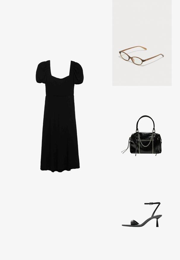 Sort kjole med korte puffærmer, firkantet halsudskæring, tætsiddende bodice og A-line nederdel. Glat stof med en subtil fald.; Bershka Højhælede sandaletter / Højhælede sandaler - black; Brune skildpaddemønstrede briller med ovale linser, tynde arme og gennemsigtige accenter. Har et diskret logo på stangen. Slankt, let design.; Bershka WITH CHAIN - Håndtasker - black
