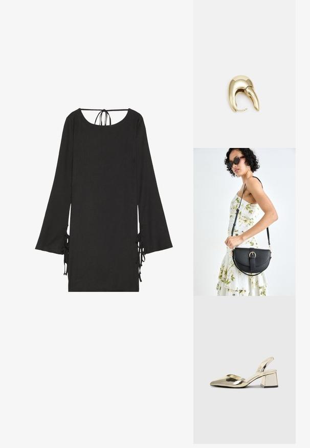 Čierne šaty s dlhými, rozšírenými rukávmi. Majú okrúhly výstrih a šnurovanie vzadu a na rukávoch. Cez celé šaty je ribbovaná textúra.; Zlaté kovové lodičky na podpätku so špicatou špičkou a robustným podpätkom. Hladký povrch, minimalistický dizajn a úzka remienok.; Čierna kožená kabelka s zaobleným tvarom, odnímateľným popruhom a zlatými doplnkami. Kabelka má klopu s detailom s prackou.; Náušnice z kovu v zlatej farbe s elegantným, zakriveným dizajnom. Majú charakteristický špicatý tvar, leštený povrch a uzáver na pánt.