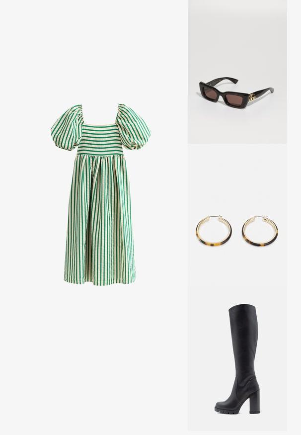 Zielono-kremowa sukienka w paski z bufkami, kwadratowym dekoltem i pełną, marszczoną spódnicą. Wykonana z lekkiego materiału.; Czarne kozaki do kolan, gładki materiał skórzany, masywny obcas, zaokrąglony nos, teksturowana podeszwa z przyczepnością, elegancki design bez ozdób.; Czarne okulary przeciwsłoneczne w kolorze tortoise z prostokątnymi soczewkami, brązowym zabarwieniem, grubą oprawką i złotym logo podwójnego G na zauszniku.; Złocone kolczyki w kształcie kół z zewnętrzną krawędzią pokrytą wzorem w muszki, charakteryzujące się gładkim wykończeniem i eleganckim, okrągłym kształtem.
