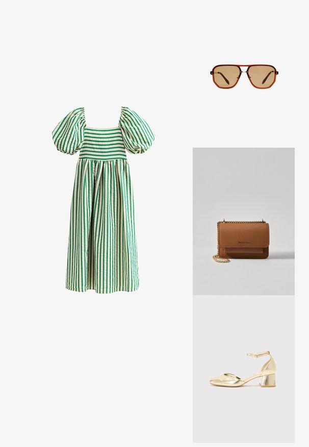 Groene en crème gestreepte jurk met pofmouwen, vierkante halslijn en volle, geplooide rok. Gemaakt van lichtgewicht stof.; Gouden metallic hakschoenen met een ronde neus, enkelbandje en een lage blokhak. Ze hebben een gladde textuur met een glanzende afwerking.; Bruine octagonale zonnebril met een transparant amberkleurig frame en bruin getinte lenzen. Heeft een metalen accent op de brug en slanke veren.; Bruine lederen schoudertas met textuur, voorzien van een gouden kettingstrap en klepsluiting. De voorkant heeft een logo-detail en een zak onder de klep.
