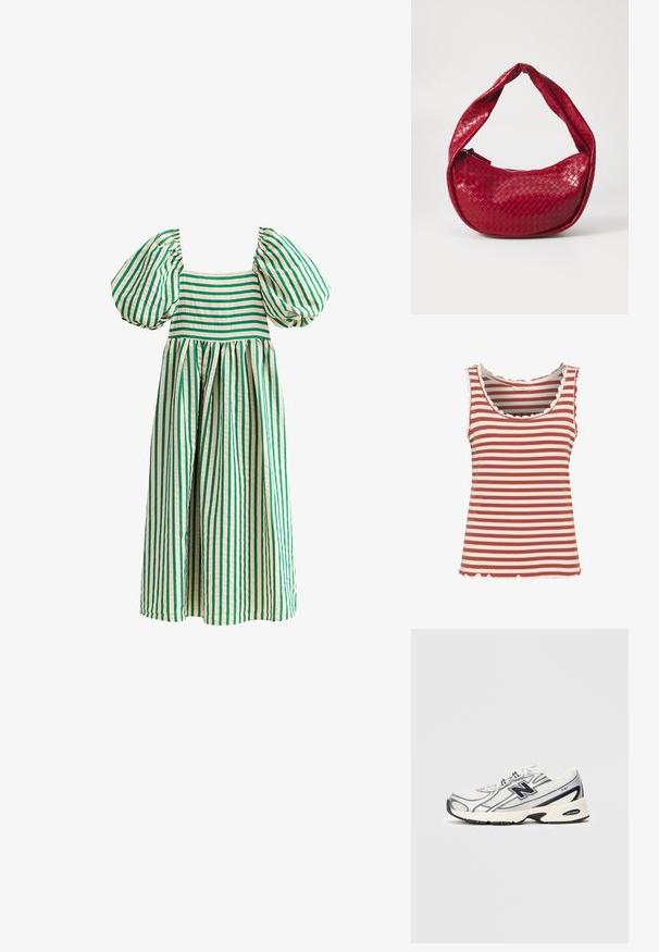 Groene en crème gestreepte jurk met pofmouwen, vierkante halslijn en volle, geplooide rok. Gemaakt van lichtgewicht stof.; Gestreept tanktop met afwisselende dieprode en crème kleuren, geribbelde textuur, geschulpte halslijn en zoom.; Witte en grijze sport sneaker met zwart "N" logo, mesh bovenwerk, gevoerde zool en vetersluiting, weergegeven op een effen lichtgrijze achtergrond.; Rode geweven leren handtas met een gebogen, gevoerde handgreep, ritssluiting en een gestructureerde afwerking, met een glanzende glans overal.