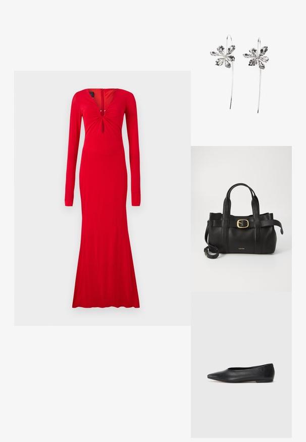 Punane pika varrukaga kleit V-kaelusega, kogutud detailidega rinnaosas ja figureeritud siluett, mis laieneb allapoole. Sile kangastekstuur.; Musthave mustris balletkingad, terav nina, minimaliseeritud disain, sile pind, madal konts, ilma nähtava riistvara või kaunistusteta.; Must mustraga nahkakott, millel on struktureeritud disain, kaks ülemist kanda, kuldse tooni pandla aktsent ja esiküljel embosseeritud brändi logo.; Hõbedased lillekujulised kõrvarõngad tekstureeritud viimistlusega, pikal konksul ja kroonlehtedetaoliste detailidega, moodustades keeruka disaini.