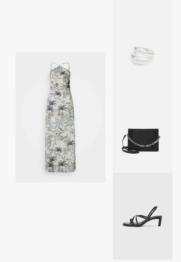 Maxi sukienka na cienkich ramiączkach, wykonana z lekkiego materiału ozdobionego roślinnym i krajobrazowym nadrukiem w pastelowych kolorach.; Czarne sandały na obcasie z prostokątnym noskiem i niskim słupkowym obcasem. Posiadają wiele cienkich pasków i regulowany pasek na kostkę. Wykonane z gładkiej skóry.; Czarna skórzana torebka typu crossbody z gładką teksturą, prostokątnym kształtem oraz metalowym detalem w postaci łańcuszka z przodu. W zestawie regulowany pasek.; Srebrna obrączka podwójna z gładką, polerowaną powierzchnią. Posiada płynny, zakrzywiony kształt z nakładającymi się sekcjami, co nadaje nowoczesny wygląd.