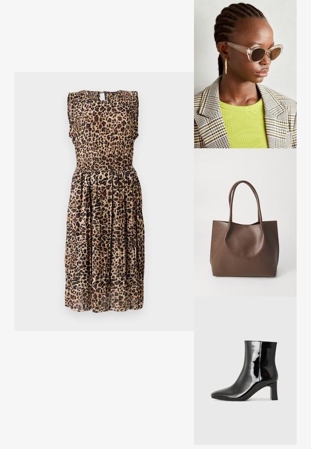Bézs és barna tónusú leopárdmintás, ujjatlan ruha, plisszírozott szoknyával és kulcslyuk hátkivágással. Az anyag lágy és könnyű.; Fekete lakk bőrcipő bokáig érő, hegyes orral és közepes magasságú tömbsarokkal. Simább textúrával és minimalista dizájnnal rendelkezik.; Tiszta macskaszem napszemüveg barna lencsékkel és átlátszó kerettel. Model éppen egy zöld bordázott felsőt és kockás blézert visel. Arany fülbevalók.; Barna bőr tote táska két hosszú fogantyúval, strukturált alakú, sima felületű és minimalista dizájnnal. Nincs látható fémrész vagy díszítés.