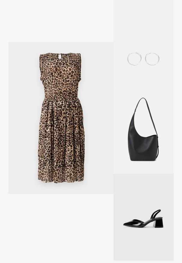 Beige un brūnajos toņos leopardu raksts bez piedurknēm kleita ar plisētu svārku un atvēršanu aizmugurē. Audums šķiet viegls.; Melna lakota āda ar atvērto papēdi, ar smailu purngalu un ģeometrisku blokpapēdi. Iezīmējas elegants, minimāls dizains un gluda tekstūra.; Melnas ādas hobo soma ar gludu tekstūru, izliekta forma un vienu regulējamu jostu; augšā ir plaša atvere.; Sudraba riņķa auskari ar elegantu, apaļu dizainu, kas izceļas ar gludu virsmu un bez redzamām rotājumām. Diametrs netiek norādīts.