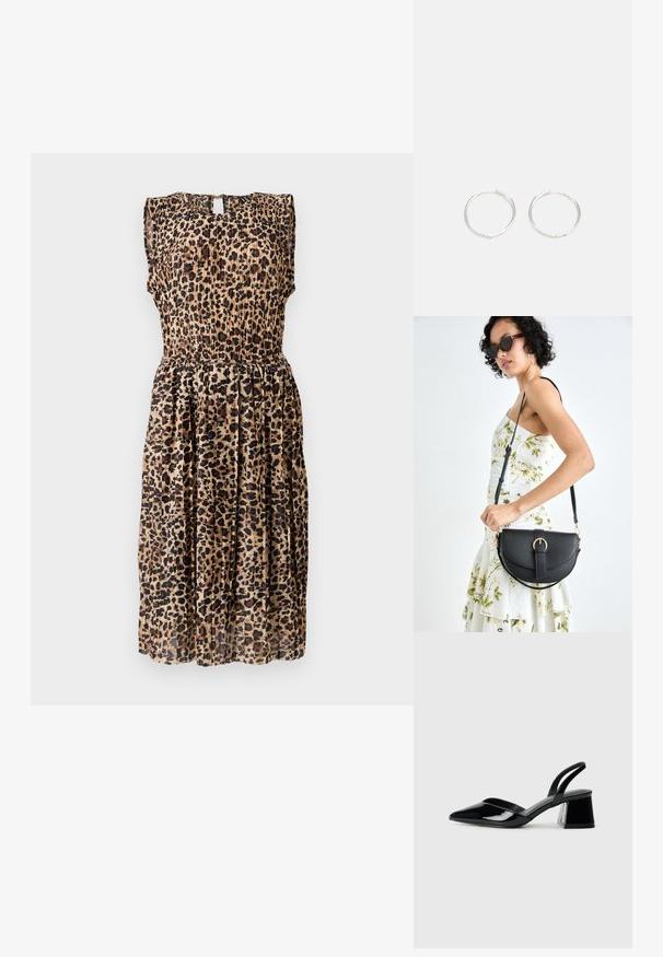 Šaty bez rukávov s leopardím vzorom v béžových a hnedých odtieňoch s plisovanou sukňou a detailom v tvare kľúčovej dierky na chrbte. Tkanina vyzerá naľahko.; Čierne lakované kožené sandálové podpätky s špicatou špičkou a geometrickým blokovým podpätkom. Disponujú elegantným, minimalistickým dizajnom a hladkým povrchom.; Čierna kožená kabelka s zaobleným tvarom, odnímateľným popruhom a zlatými doplnkami. Kabelka má klopu s detailom s prackou.; Strieborné kruhové náušnice s elegantným, okrúhlym dizajnom, s hladkým povrchom a bez viditeľných ozdôb. Priemer nie je špecifikovaný.