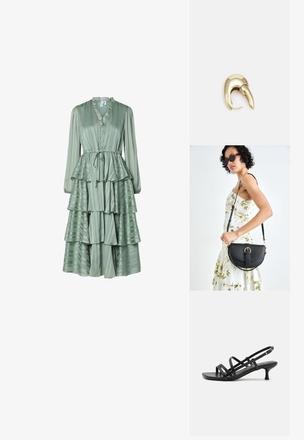 Zaļš, daudzslāņu kleita ar garām piedurknēm, ar ruffle krūšu daļu, pogu detaļām un aukliņu viduklī. Izgatavota no gluda, svītrainā auduma.; Melni papēžu sandales ar vairākiem krustveida siksnām. Gluda materiāla, norādīta purngala un šaura papēža. Regulējama potītes siksna ar sprādzīti.; Melnas ādas rokassoma ar izliekta formu, noņemamu siksnu un zelta aksesuāriem. Somai ir vāciņš ar sprādzes detaļu.; Zeltīti metāla auskari ar gludu, izliekta dizaina. Ar atšķirīgu smailu formu, pulētu virsmu un eņģu aizdari.