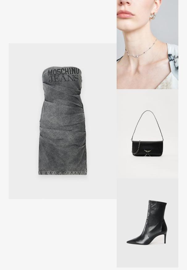 Vestido de mezclilla sin tirantes en negro deslavado con textura arrugada. Presenta un audaz logo de "Moschino Jeans" en la parte superior y un dobladillo recto.; Botas negras hasta el tobillo hechas de cuero suave, con punta afilada, caña ajustada y tacón alto delgado. Diseño minimalista sin herrajes visibles.; Bolso de mano de cuero negro con una correa de cadena plateada, que presenta acentos decorativos en forma de alas y costuras blancas a lo largo de la costura inferior.; Collar de plata con una cadena delicada, que presenta acentos geométricos y un pequeño elemento decorativo en el centro. Textura de piel suave visible.