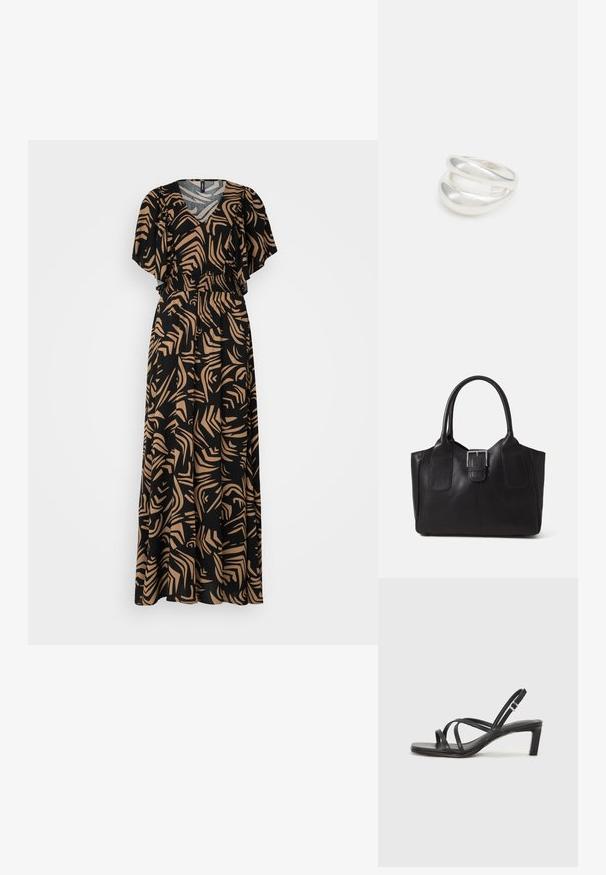 Juodas maksi suknelė su abstrakčiu smėlio spalvos raštu, V formos iškirpte ir plazdančiomis rankovėmis, su elastine juosta papildomam pritaikymui.; Juodi šlepetės su kvadratiniu pirštu ir žemu bloku kulnu. Yra keli ploni dirželiai ir reguliuojamas kulkšnies diržas. Pagaminti iš lygios odos.; Juodas odinis nešiojamas krepšys su lygiu paviršiumi, struktūrine forma, dviem rankenėlėmis ir ryškiu sidabriniu sagties akcentu priekyje.; Sidabrinis dvigubas žiedas su lygiu, poliruotu paviršiumi. Pasižymi sklandžiu, kreiptu dizainu su persipinančiomis dalimis, suteikiančiomis modernų išvaizdą.