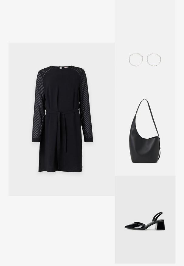 Fekete ruha hosszú, textúrált átlátszó ujjakkal, amelyen cseppmintás kialakítás látható, kerek nyakkivágással és szövet övvel a deréknál.; Fekete lakk bőr szandálkés magas sarkú cipő, hegyes orral és geometrikus tömbsarkakkal. Karcsú, minimalista dizájn és sima textúra jellemzi.; Fekete bőr hobo táska sima textúrával, ívelt formával és egyetlen állítható pánttal; széles nyílás található a tetején.; Ezüst karika fülbevalók, letisztult, kerek formával, sima felülettel és látható díszítés nélkül. A átmérő nem megadott.
