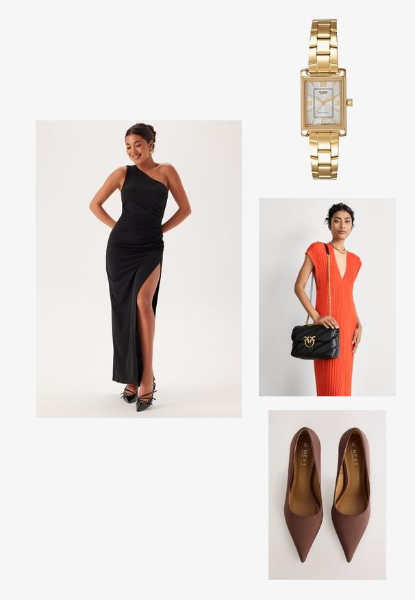 Czarna, wieczorowa sukienka na jedno ramię z wysokim rozcięciem na udzie, dopasowany krój, gładki materiał i smukła sylwetka. Połączona z czarnymi szpilkami.; Brązowe szpilki z satynowym wykończeniem, o ostrym czubku, gładkiej fakturze, z głębokim wycięciem i minimalistycznym designem. Wnętrze wyściełane beżową podszewką.; Czarna skórzana torebka z pikowanym wzorem, złotymi okuciami i łańcuszkowym paskiem. Modelka trzyma ją na tle pomarańczowej sukienki o fakturze.; Złoty prostokątny zegarek na nadgarstek z białą tarczą, srebrnymi znacznikami godzin i wytrzymałym metalowym bransoletą. Wbudowana funkcja wodoodporna.