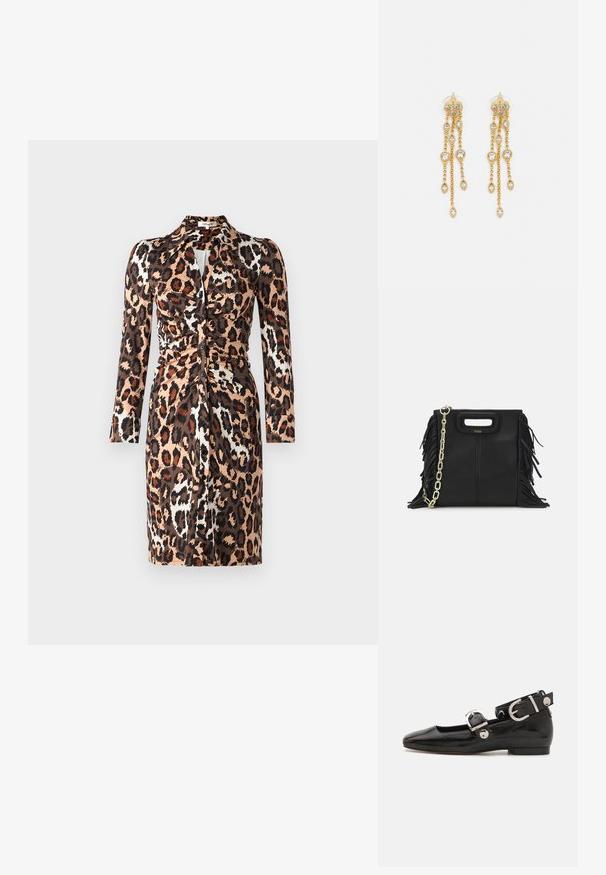 Diane von Furstenberg SHESKA DRESS - Rochie de zi - jungle cat; Pantofii plano din piele patent neagră, cu vârful pătrat, curea de gleznă cu accesorii din argint și talpă plată. Textură netedă cu un design minimalist.; Geantă de mână din piele neagră cu detalii din franjuri, curea de umăr din lanț auriu și un mâner cu tăietură. Prezintă plasarea logo-ului pe față.; Cercei aurii cu multiple lanțuri suspendate, având accente din rhinestone ovale clare și capete decorative cu tighel.