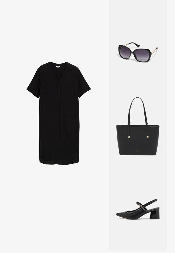 Musta lyhythihainen mekko, jossa on V-pääntie, suora leikkaus ja sileä kangas, jossa on hienovarainen kiilto. Ei kuvioita tai metalliosia.; Musta lakattu nahka slingback-korkokengät, joissa on terävä kärki, pyöreä aukko-muotoilu ja lohkokorko. Varustettu kultasävyisellä solkiyksityiskohdalla.; Mustat ylisuurten kehysten aurinkolasit, joissa on liukuväri-linssit, paksut kehykset ja kultasävyiset ketjustuskoristeet temppeleissä.; Mustat olkalaukku, joka on valmistettu synteettisestä materiaalista, yksinkertainen suorakulmainen muotoilu, kultaiset nelikulmaiset yksityiskohdat ja kaksoiskahvat.