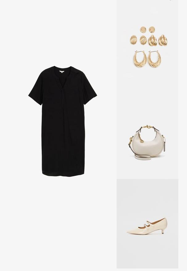 Črna kratka obleka s kratkimi rokavi, ki ima V-izrez, raven kroj in gladko tkanino z rahlim sijajem. Brez vzorcev ali kovinskih detajlov.; Bež lakirane Mary Jane čevlje z dvema nastavljivima zaponkama, koničastim nosom in nizko peto. Gladka tekstura z sijajno površino.; Krema usnjena torbica v obliki polm curate, z zlatimi dodatki, črnimi detajli in odstranljivim trakom. Ima verižni detajl in oznako.; Zlato obarvani uhani set, ki vključuje tri pare: teksturirane ovalne uhane, uhane valovitega dizajna in velike obroče z večplastnimi robovi.