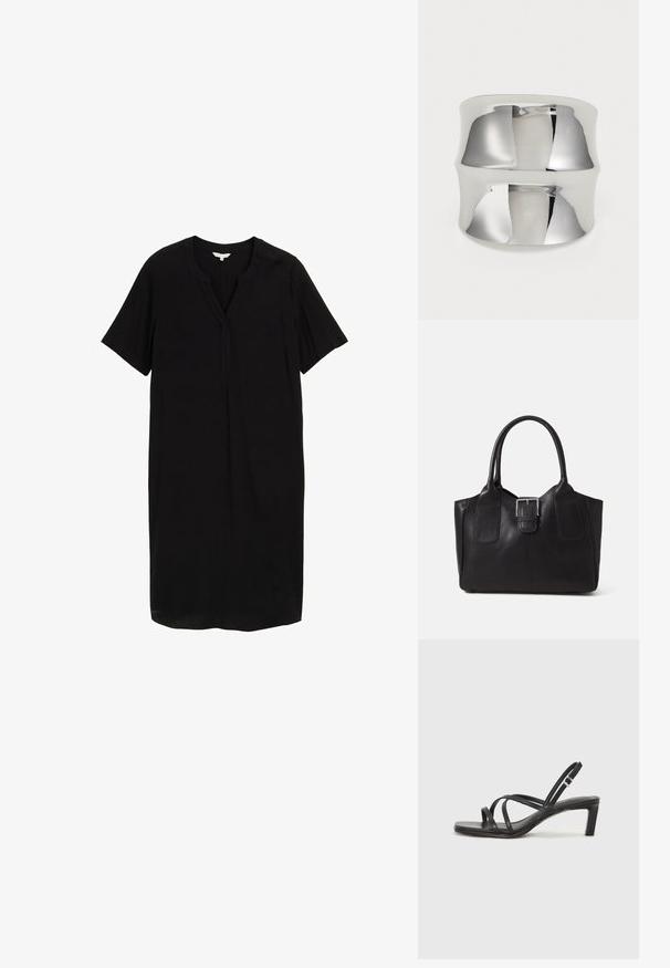Robe noire à manches courtes avec décolleté en V, coupe droite et tissu lisse avec un subtil éclat. Sans motifs ni détails en métal.; Sandale noire à lanières avec un bout carré et un petit talon bloc. Elle présente plusieurs fines lanières et une sangle de cheville ajustable. Fabriquée en cuir lisse.; Sac fourre-tout en cuir noir avec une texture lisse, une forme structurée, deux poignées et un détail en boucle argentée proéminent à l'avant.; Bague en argent à surface lisse et réfléchissante. Présente un design courbé et une large bande, créant un look moderne et minimaliste.