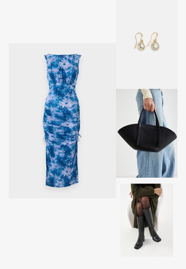 Modrá kvetinová šaty s výstrihom v tvare lode, zhromaždením po stranách a nastaviteľnými šnúrkami. Mäkka tkanina s mixom svetlomodrých a tmavomodrých tónov.; Čierne kožené čižmy po kolená so štvrtým prstom a blokovým opätkom, zobrazené s modelom sediacim v olivovo zelenej bunde. Hladká textúra, minimálne detaily.; Čierna kožená kabelka s jedinečným tvarom ventilátora, so plochými držadlami. Povrch má štruktúru s brúseným efektom a minimalistic design.; Náušnice zlatého odtieňa s oválnymi čírymi kryštáli obklopenými menšími čírými kameňmi, s háčikovým dizajnom pre bezpečné nosenie.
