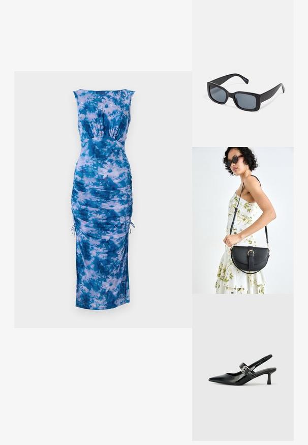 Kék virágmintás ruha, mély kivágással, oldalt redőzött, állítható zsinórokkal. Puha anyag, világos és sötét kék árnyalatok keverékével.; Fekete lakkbőr slingback sarkú cipők hegyes orral és kis blokk talppal, ezüst csat díszítéssel a pánton.; Fekete, téglalap alakú napszemüveg sötétített lencsékkel, vastag műanyag kerettel és széles templomokkal. Simább felület és szögletes dizájn.; Fekete bőrtáska ívelt formával, levehető pánttal és arany színű fémrészekkel. A táskán egy csattal díszített fedél található.