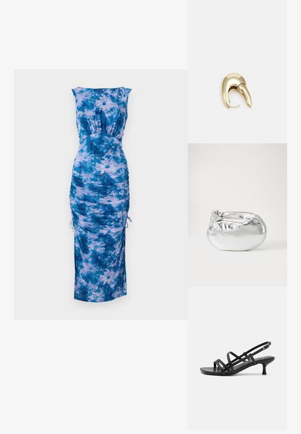 Mėlyna gėlių suknelė su apvalia iškirpte, susiraukšlėjimais šonuose ir reguliuojamais raišteliais. Minkšta medžiaga su šviesiai ir tamsiai mėlynomis atspalviais.; Juodos aukštakulnės šlepetės su keliais perrištomis juostelėmis. Lygi medžiaga, smailas nosis ir siauras kulnas. Reguliuojama kulkšnies juostelė su sagtimi.; Sidabrinė metalinė maišelio forma su švelnia, apvalia forma ir mazgu užveriamu viršumi. Pagaminta iš lygios dirbtinės odos medžiagos.; Aukso tono metalinės auskarai su stilingu, kreiviu dizainu. Išsiskiria ryškiu smailiu pavidalu, poliruota paviršiumi ir užsegimu su vyriu.