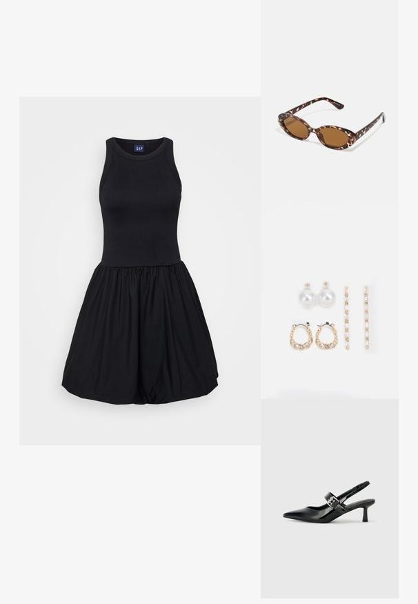 Schwarzes Kleid mit einem taillierten Tanktop-Oberteil und einem ausgestellten, gerafften Rock. Hergestellt aus weichem, dehnbarem Stoff mit glatter Textur.; Schwarze Lackleder Slingback-Absätze mit spitzem Zeh und kleinem Blockabsatz, ausgestattet mit einem silbernen Schnallenakzent am Riemen.; Sonnenbrille aus Schildpatt mit ovalen Gläsern, braun getönt, dünnen Bügeln mit strukturiertem Muster, leichtem Kunststoffrahmen.; Drei Ohrringpaare: große weiße Perlenstecker, goldene Creolen mit klaren Edelsteinen und zwei lange, gerade goldene Akzentohrringe mit funkelneden Details.