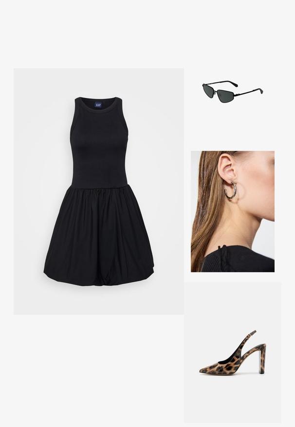 Melna kleita ar pieguļošu topu un platāku, savāktu svārku. Izgatavota no mīksta, elastīga auduma ar gludu tekstūru.; Lāču raksta slingback kurpes ar norādītu purngalu un caurspīdīgu bloku papēdi. Izgatavotas no spīdīgas masas ar gludu tekstūru.; Melnās metāla saulesbrilles ar leņķveida rāmjiem un tumšiem stikliem. Tām ir plānas, taisnas kājas un deguna spilventiņi drošai piegulšanai.; Sudraba auskars ar pulētu apdari, ar maziem zelta akcentiem un apaļu formu, uz ausu ļipiņas.