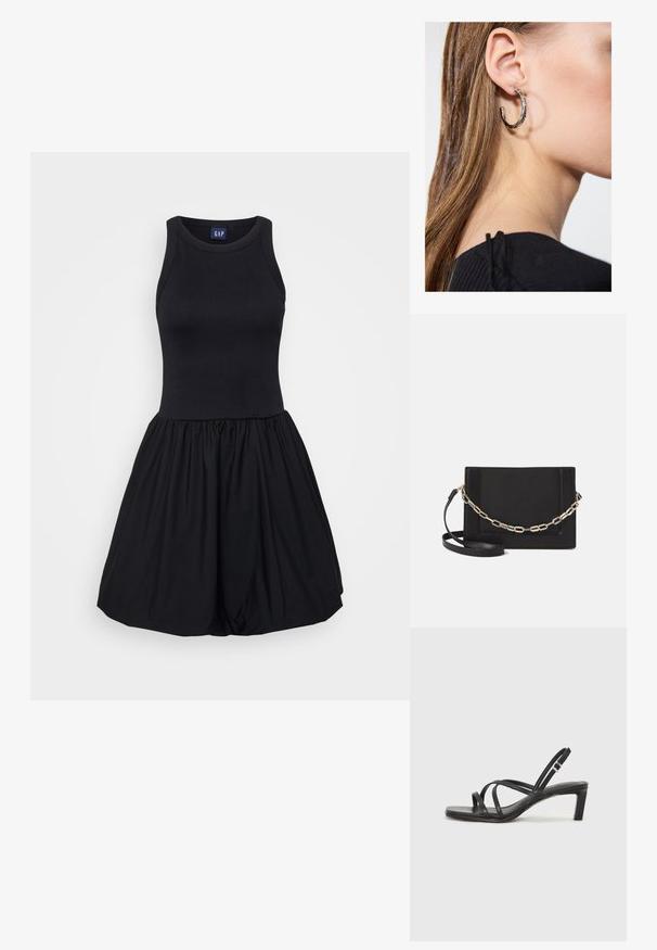 Melna kleita ar pieguļošu topu un platāku, savāktu svārku. Izgatavota no mīksta, elastīga auduma ar gludu tekstūru.; Melnas strappy sandales ar kvadrātveida purngaliem un zemu bloku papēdi. Ievērojamas ar vairākiem plāniem siksniņām un regulējamu potītes siksniņu. Izgatavotas no gludas ādas.; Melna ādas crossbody soma ar gludu faktūru, taisnstūrveida formu un metalizētu ķēdes detaļu priekšā. Iekļauta regulējama siksna.; Sudraba auskars ar pulētu apdari, ar maziem zelta akcentiem un apaļu formu, uz ausu ļipiņas.