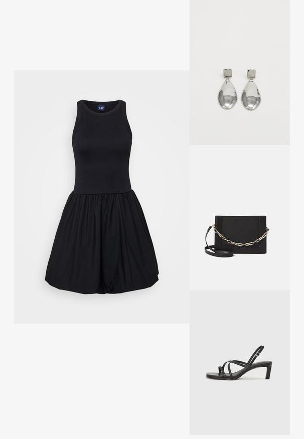 Rochie neagră cu un top tip tank ajustat și o fustă evazată, plisată. Fabricată dintr-un material moale și elastic, cu o textură netedă.; Sandal cu barete negre, cu vârf pătrat și toc mic de bloc. Prezintă mai multe barete subțiri și o bareta ajustabilă la gleznă. Fabricat din piele netedă.; Geantă de umăr din piele neagră, cu o textură netedă, formă rectangulară și un detaliu din lanț metalic în față. Include curea reglabilă.; Cercei din argint cu stud pătrat, având un finisaj neted și lustruit, într-o formă de lacrimă, care reflectă lumina cu o suprafață lucioasă.