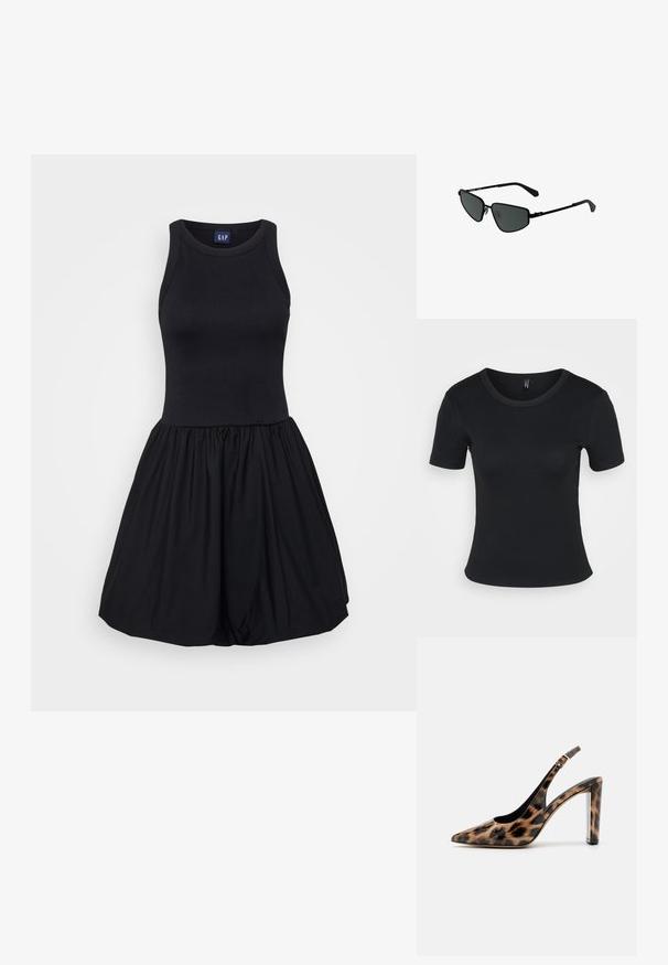 Zwarte jurk met een aansluitende tanktop bodice en een uitlopende, geraffineerde rok. Gemaakt van zacht, rekbaar stof met een gladde textuur.; Zwart geribbeld T-shirt met korte mouwen en een ronde halslijn. Zachte textuur en getailleerd ontwerp, met een rechte zoom en minimale details.; Leopardprint slingback pump met een spitse neus en een transparante blokhak. Gemaakt van glanzend materiaal met een gladde textuur.; Zwarte metalen zonnebril met hoekige frames en donkere lenzen. Beschikt over dunne, rechte armen en neussteunen voor een veilige pasvorm.