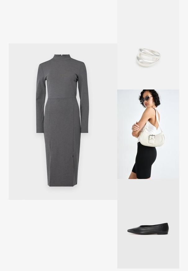 Siva, dolgi rokavi, obleka z visokim ovratnikom in prilegajočim zgornjim delom ter razporkom na robu, z diskretno risbo črt.; Črne usnjene balerinke, koničast toe, minimalističen dizajn, gladka tekstura, nizka peta, brez vidnih kovinskih delov ali okraskov.; Bela usnjena torbica s ukrivljeno obliko, nastavljivim trakom in majhnim detajlom s sponko. Model nosi oprijet črno obleko.; Srebrn dvojni prstan z gladko, polirano površino. Ima tekoč, ukrivljen dizajn z prekrivajočimi se sekcijami za sodoben videz.