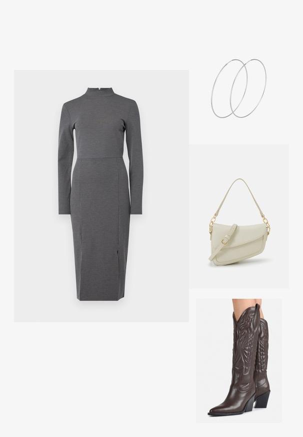 Siva, dolgi rokavi, obleka z visokim ovratnikom in prilegajočim zgornjim delom ter razporkom na robu, z diskretno risbo črt.; Rjave usnjene kavbojske čevlje z ostrim nosom in blok peto, ki vsebujejo podrobno šivanje in dvignjene dodatke na zgornjem delu.; Mala kremna torbica z teksturiranim zaključkom, dolgim nastavljivim trakom, verižnim poudarkom in zapiranjem na poklop. Detajli iz zlatega kovinskega materiala.; Srebrne uhane v obliki obroča z minimalističnim dizajnom. Krožna oblika, gladka tekstura in tanek profil. Lahki s poliranim zaključkom.