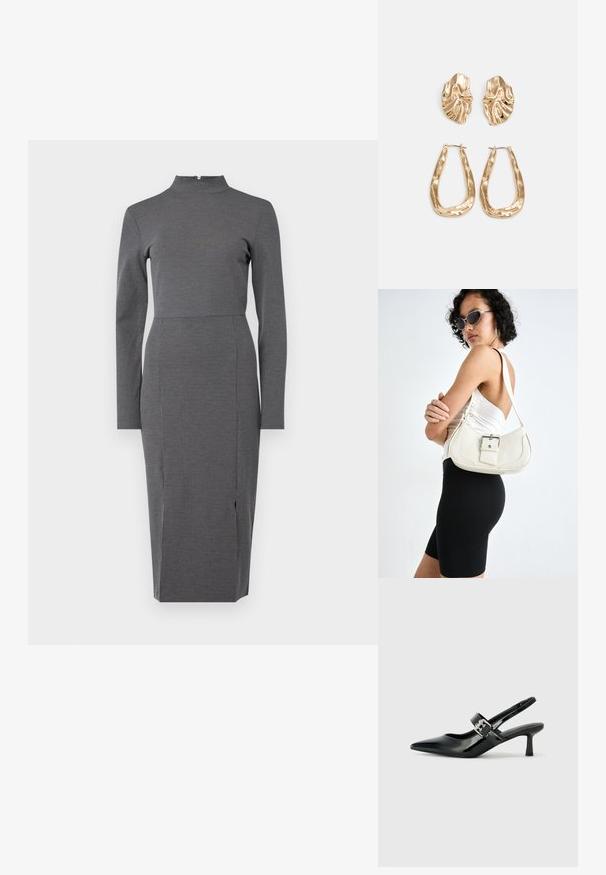 Szürke, hosszú ujjú, magas nyakú ruha, formás felsőrészsel és hasítékkal az alján, finom csíkos mintázattal.; Fekete lakkbőr slingback sarkú cipők hegyes orral és kis blokk talppal, ezüst csat díszítéssel a pánton.; Fehér bőr kézitáska ívelt formával, állítható pánttal és egy kis csattal. A modellen fitted fekete ruha van.; Aranyszínű fülbevalók, texturált, hullámos formákkal. Tartalmazza a szobrászati klipszes studokat és az open hoop kialakítást, kalapácsos felülettel.