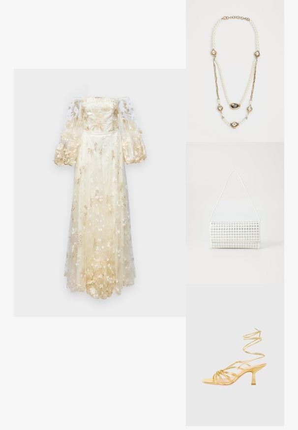 Ida Sjöstedt CASSANDRA GOWN - Iltapuku - ivory; Kultaiset korkeat sandaalit, joissa on spiraalimallinen nilkkaremmi, avoin varvas, ristikkäinen etuosa, sileä metallinen pinta ja hoikka lohko-korko.; Valkoinen käsilaukku pyöristetyllä muodolla, jossa on teksturoitu pinta hopeisista napeista. Siinä on ohut olkahihna ja tyylikäs suljin.; Helminauha, jossa on kultakorostuksia, kolme jalokiviä sisältävää asetelmaa ja letitetty ketjukohta. Väripaletti sisältää valkoista ja kultaa.